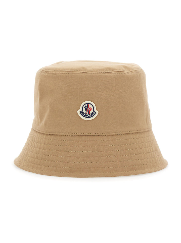 Moncler Women Beige Bucket Hat With Dropped Wide Brim And Logo Patch On The Front In Cotton Blend Woman