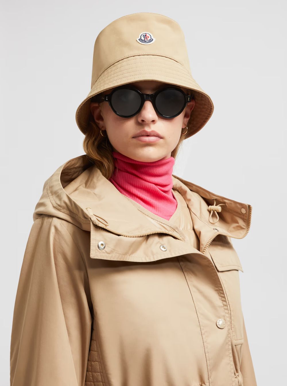 Moncler Women Beige Bucket Hat With Dropped Wide Brim And Logo Patch On The Front In Cotton Blend Woman