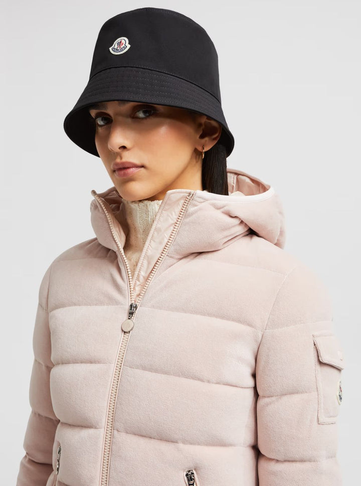 Moncler Women Black Bucket Hat With Dropped Wide Brim And Logo Patch On The Front In Cotton Blend Woman