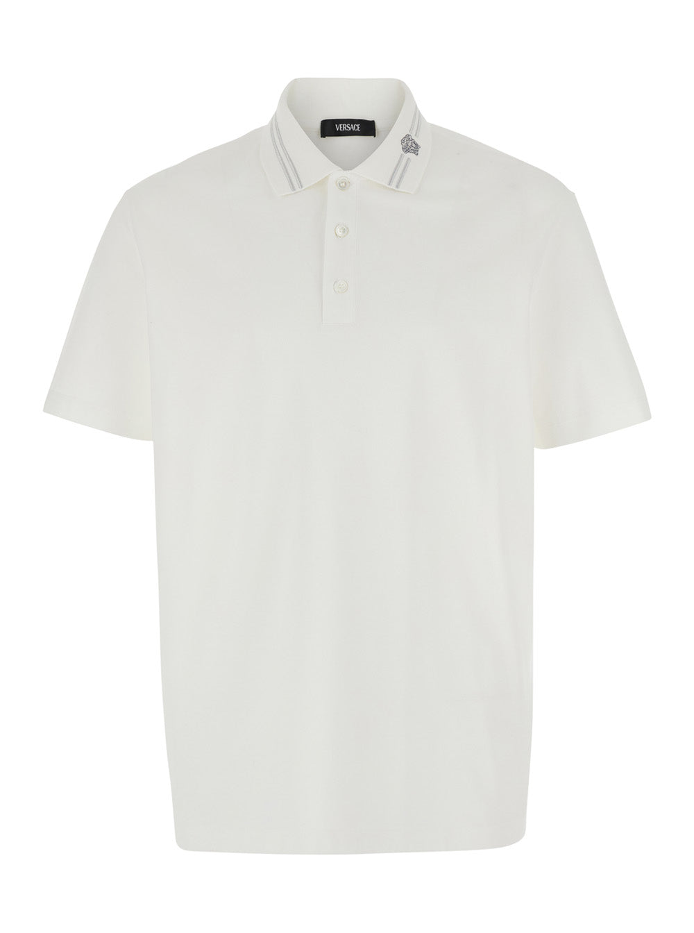 Versace Men White Polo Shirt With Medusa Detail On The Collar In Cotton Man