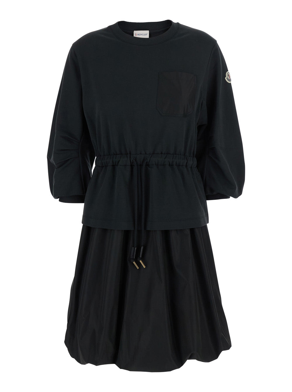 Moncler Women Black Dress With Elastic Waist And Logo Patch On The Sleeve In Tech Fabric Woman
