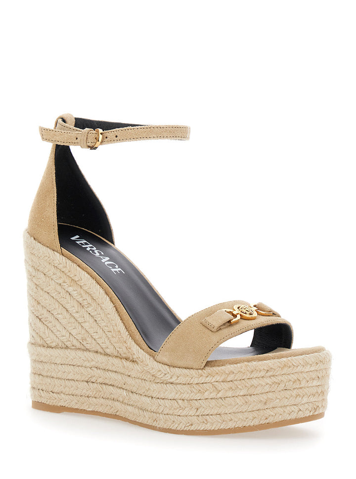 Versace Women Beige Wedges With Adjustable Buckle Closure And Medusa Plaque On The Front In Leather Woman