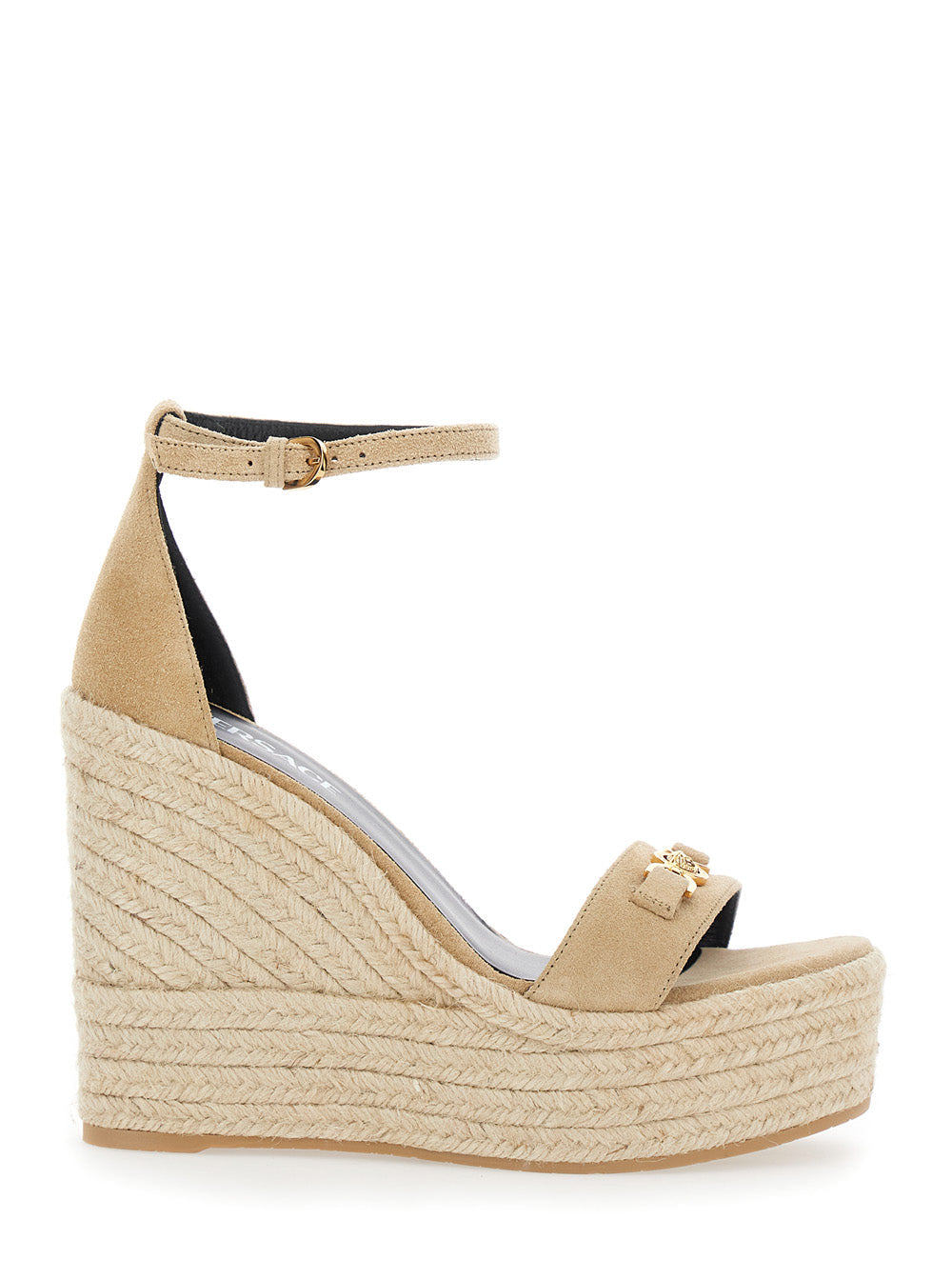 Versace Women Beige Wedges With Adjustable Buckle Closure And Medusa Plaque On The Front In Leather Woman