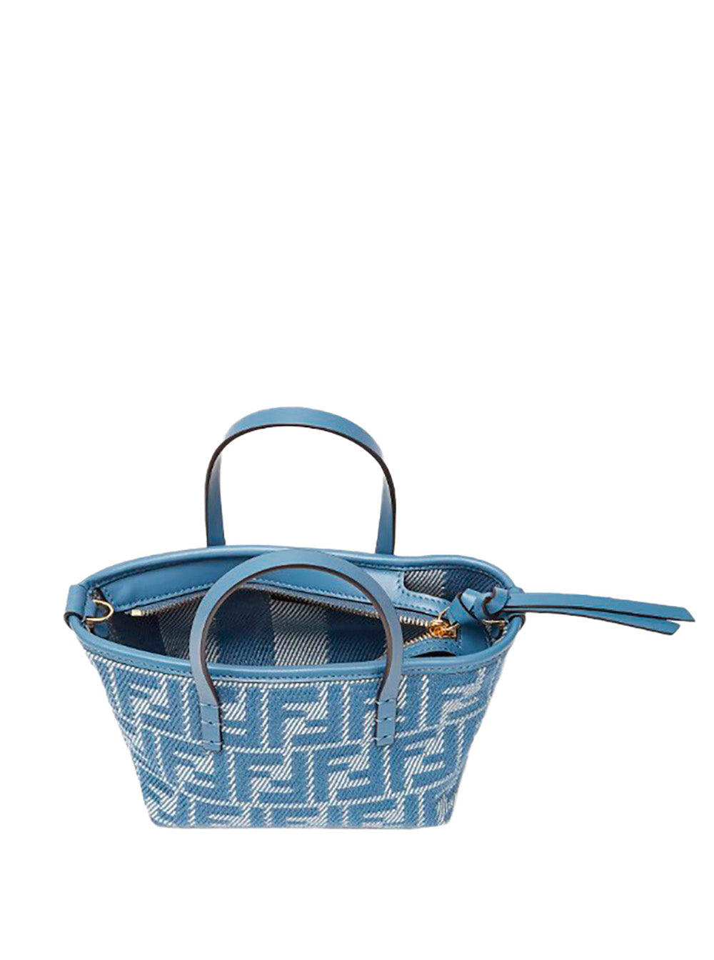 Blue patterned handbag on a white background