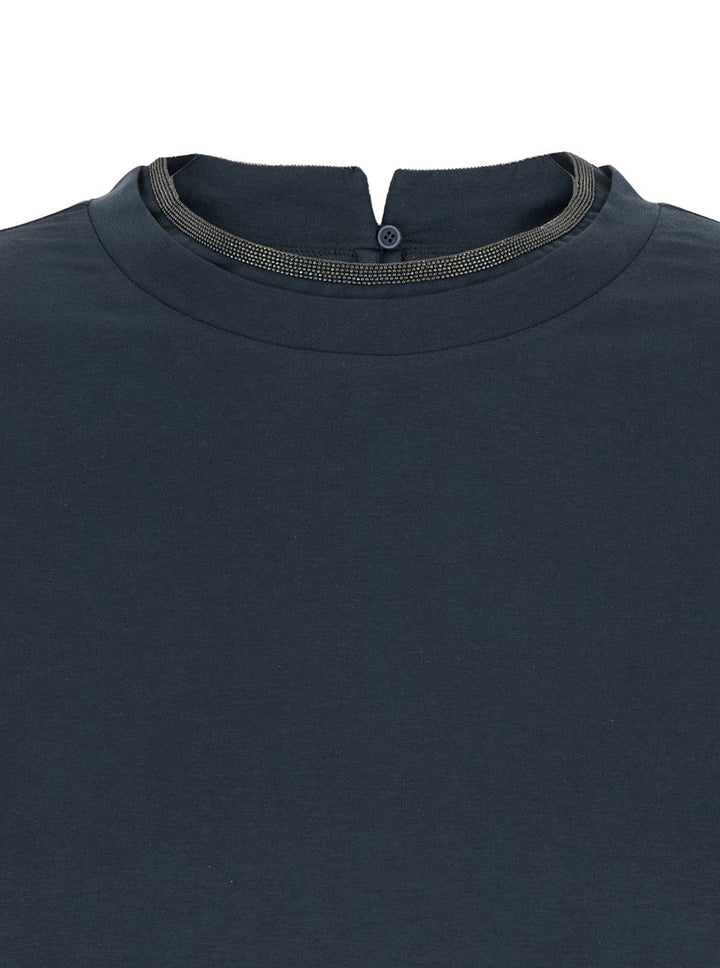 Brunello Cucinelli Women Blue Crewneck T-Shirt With Monil Detail On The Collar And Rear Cut-Out In Cotton Stretch Woman