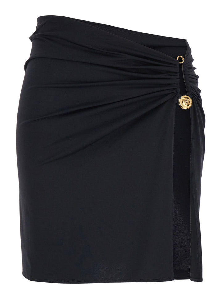 Versace Women Black Skirt With Pin Detail With Logo And Side Slit In Tech Fabric Stretch Woman