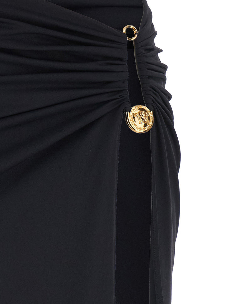 Versace Women Black Skirt With Pin Detail With Logo And Side Slit In Tech Fabric Stretch Woman