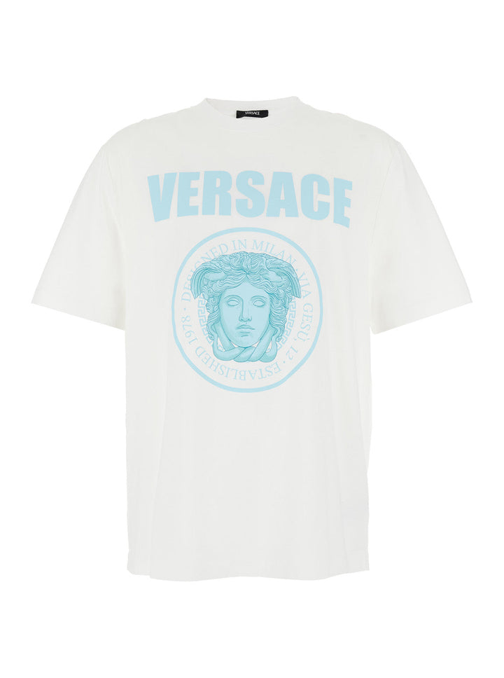 Versace Men White Crewneck T-Shirt With Maxi Logo Print On The Front In Cotton Man