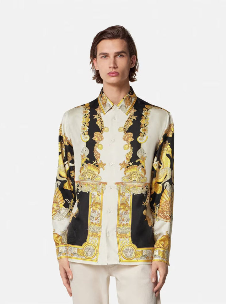 Versace Men 'Coral Teater' White Shirt With Classic Collar And All-Over Print In Silk Man