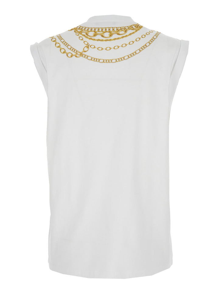 Balmain Women White Sleeveless Top With Maxi Necklace Print On Front And Rear In Cotton Woman