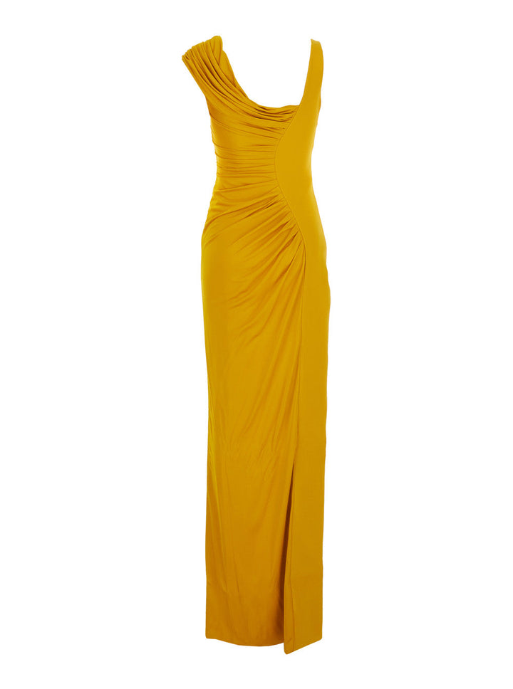 Versace Women Orange Sleeveless Long Dress With Medusa Plaque On The Front Draping In Viscose Woman