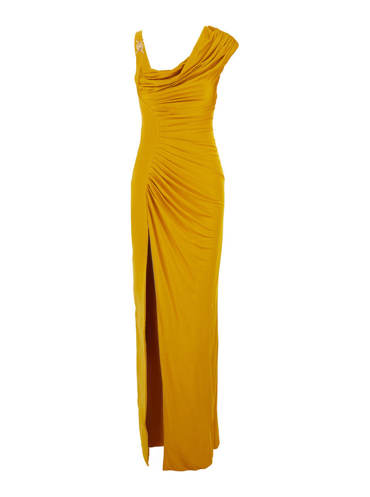 Versace Women Orange Sleeveless Long Dress With Medusa Plaque On The Front Draping In Viscose Woman