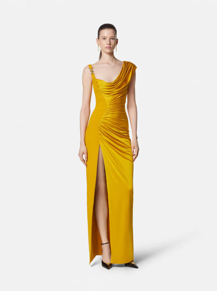 Versace Women Orange Sleeveless Long Dress With Medusa Plaque On The Front Draping In Viscose Woman