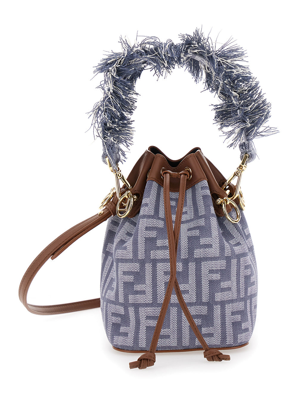 Designer handbag with decorative handle on a white background