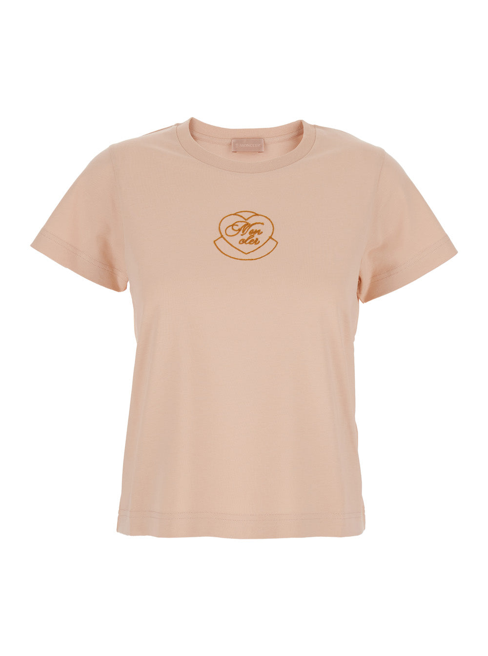 Moncler Women Pink Crewneck T-Shirt With Logo Embroidery On The Front In Cotton Woman