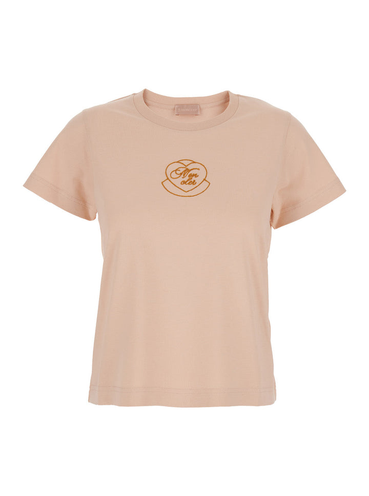 Moncler Women Pink Crewneck T-Shirt With Logo Embroidery On The Front In Cotton Woman
