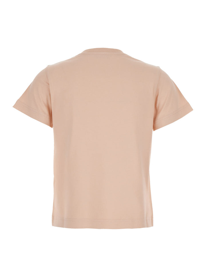 Moncler Women Pink Crewneck T-Shirt With Logo Embroidery On The Front In Cotton Woman