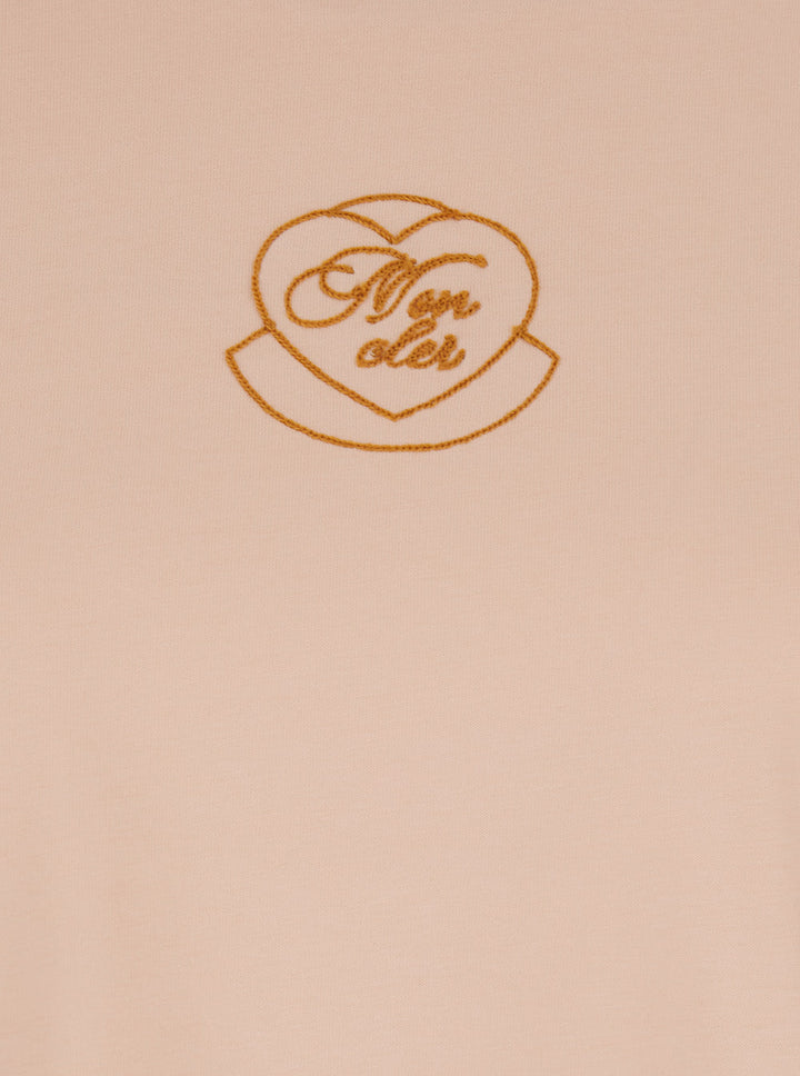 Moncler Women Pink Crewneck T-Shirt With Logo Embroidery On The Front In Cotton Woman