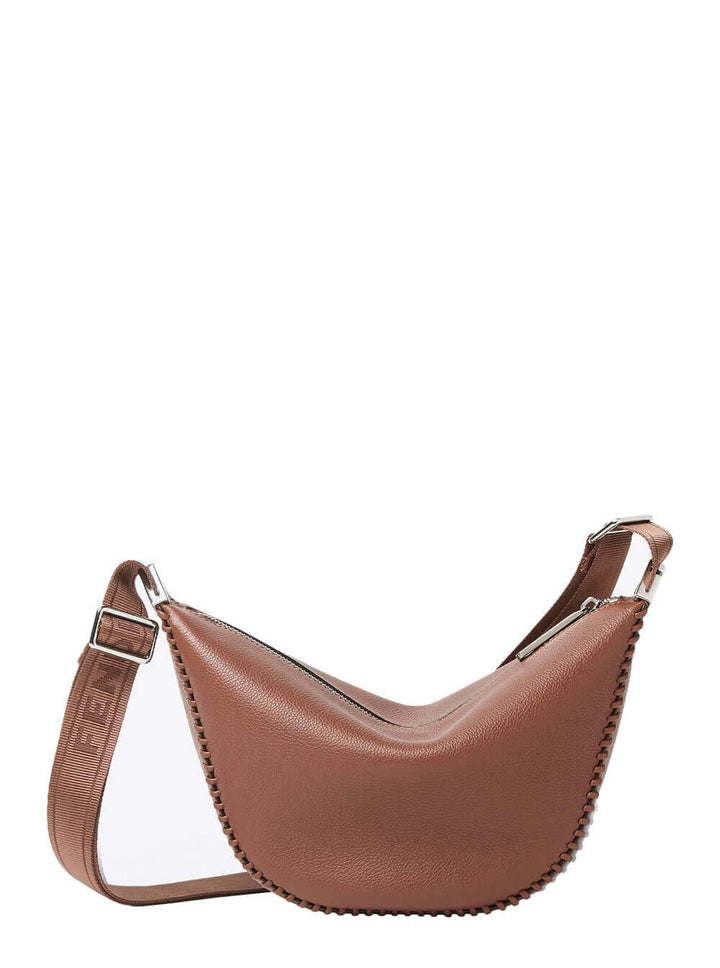 Brown leather handbag with a shoulder strap on a white background