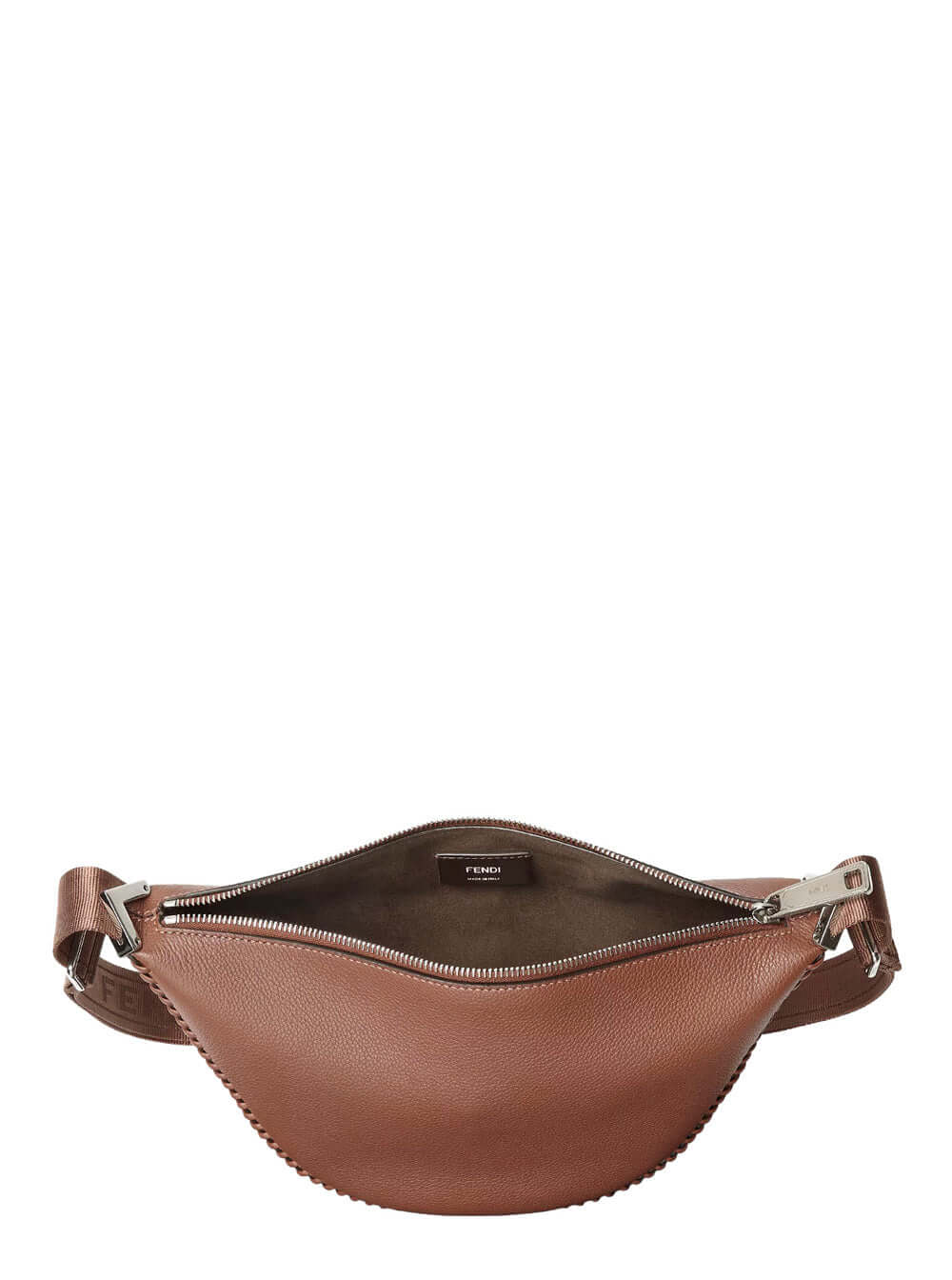 Brown leather waist bag with a visible brand label on a white background