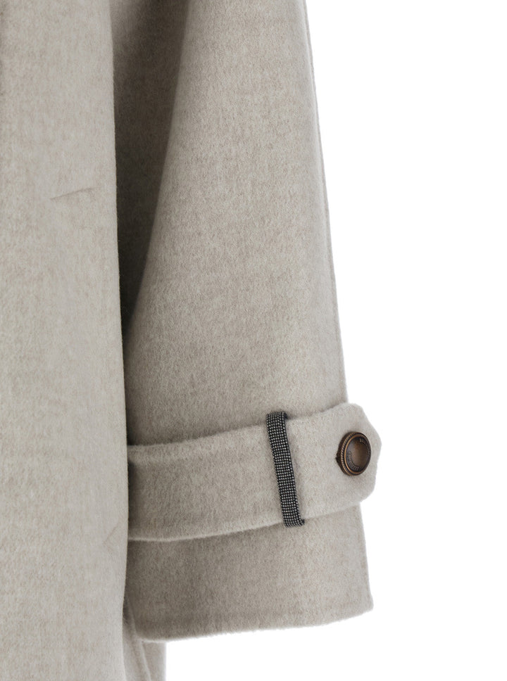 Brunello Cucinelli Women Beige Double-Breasted  Coat With High Neck And Wooden Buttons In Wool And Cashmere Woman
