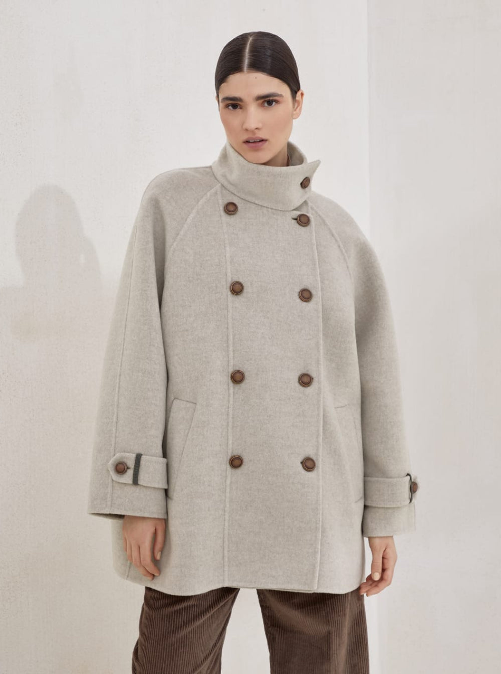 Brunello Cucinelli Women Beige Double-Breasted  Coat With High Neck And Wooden Buttons In Wool And Cashmere Woman