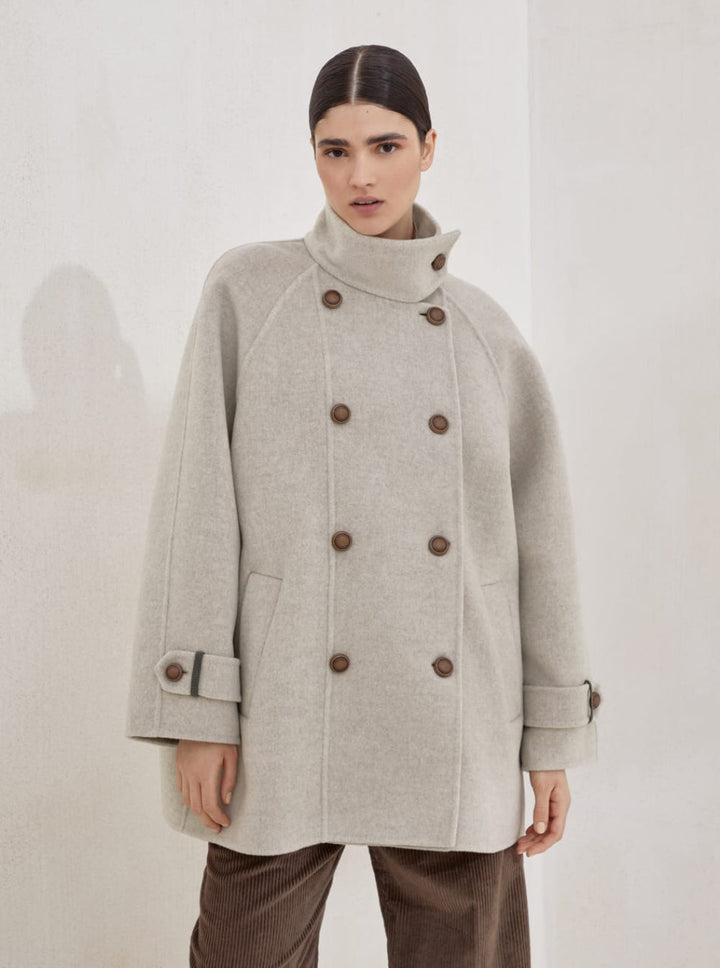 Brunello Cucinelli Women Beige Double-Breasted  Coat With High Neck And Wooden Buttons In Wool And Cashmere Woman
