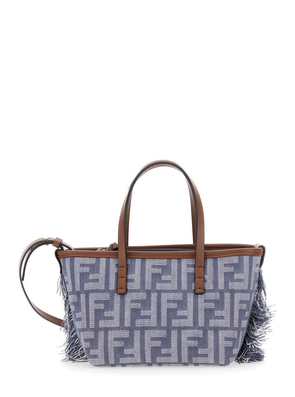 Handbag with brown handles and strap on a white background