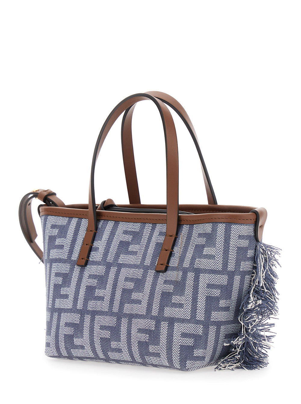 Handbag with blue pattern and brown handles on a white background