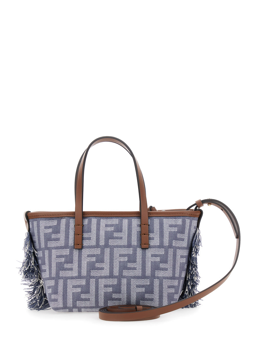 Handbag with a patterned design and brown accents on a white background