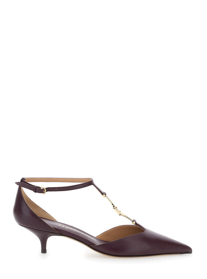 Ferragamo Women Bordeaux Pumps With T Strap And Low Heel In Leather Woman