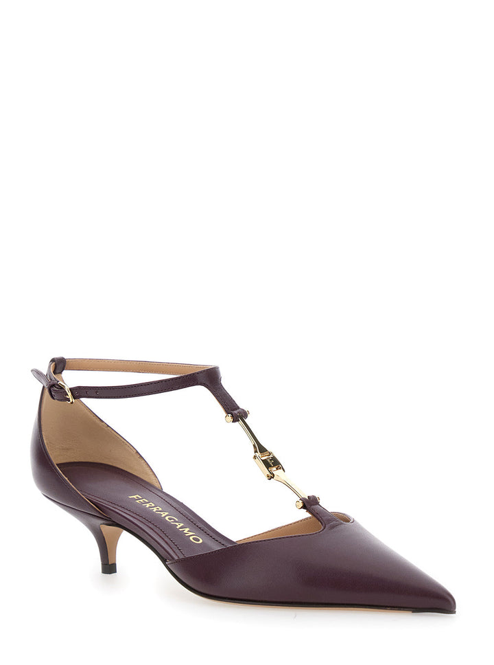 Ferragamo Women Bordeaux Pumps With T Strap And Low Heel In Leather Woman