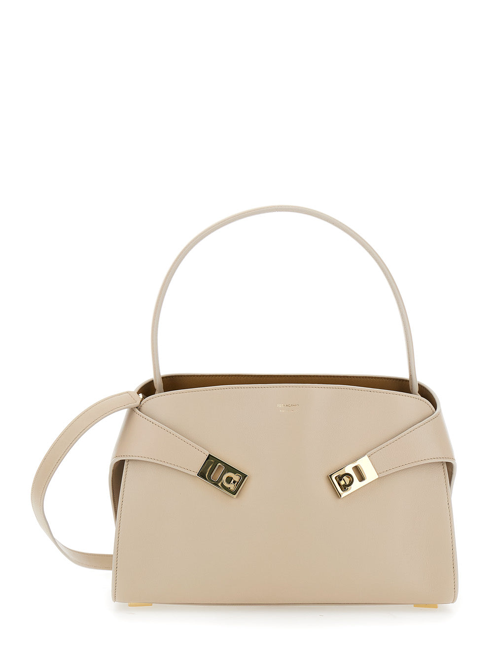 Ferragamo Women 'Hug' Beige Shoulder Bag With Logo Print On The Front In Leather Woman