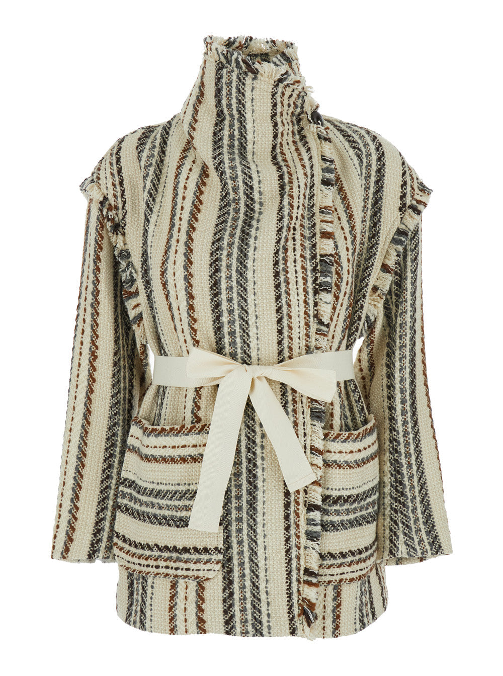 Isabel Marant Etoile Women 'Illisa' Beige High Neck Cardigan With Fringed Details And All-Over Striped Motif In Cotton And Wool Blend Woman