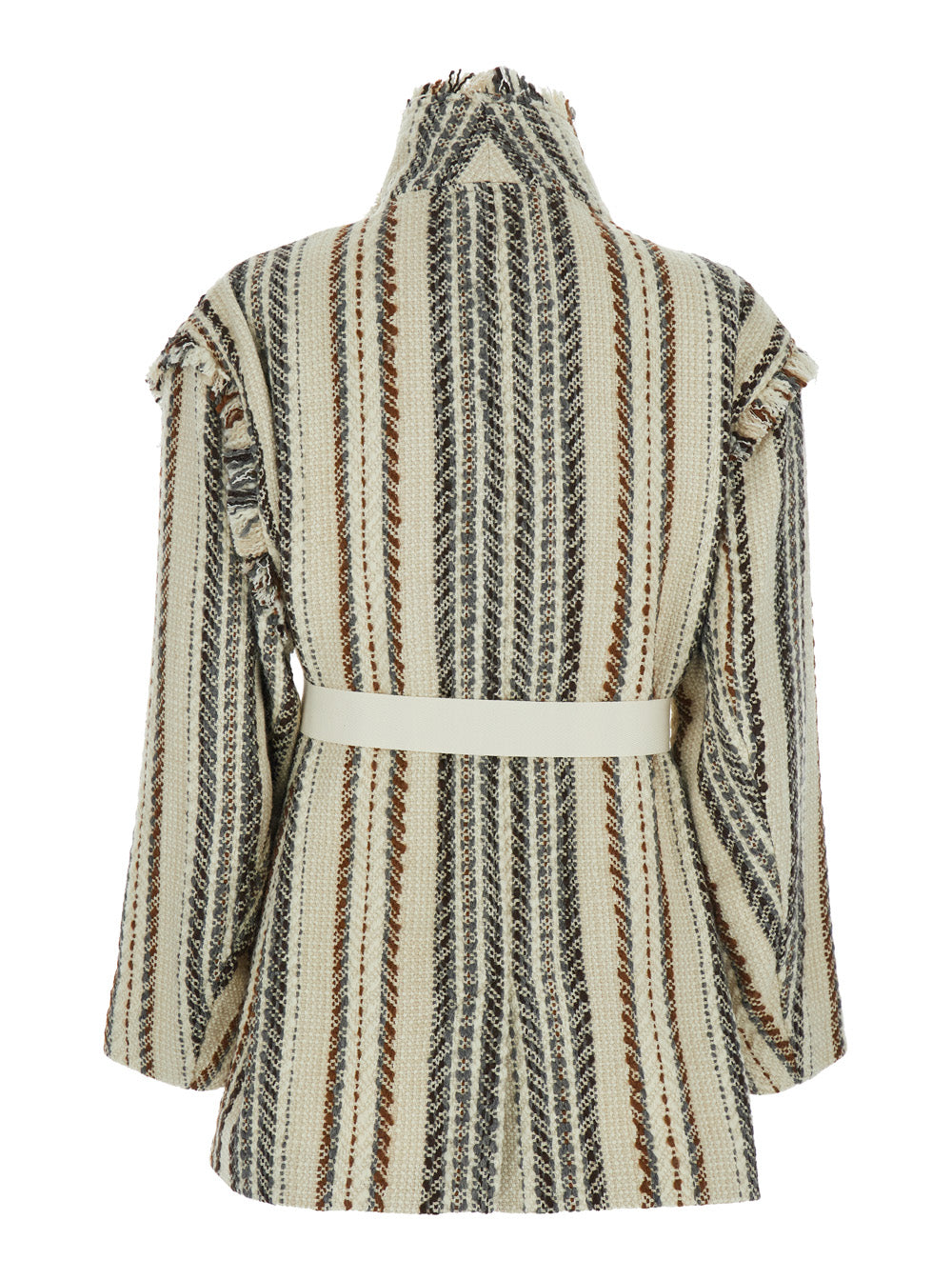 Isabel Marant Etoile Women 'Illisa' Beige High Neck Cardigan With Fringed Details And All-Over Striped Motif In Cotton And Wool Blend Woman