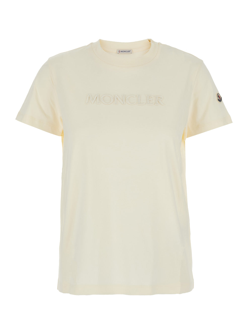 Moncler Women White Crewneck T-Shirt With Tonal Logo Lettering Embroidery On The Front And Logo Patch On The Sleeve In Cotton Woman