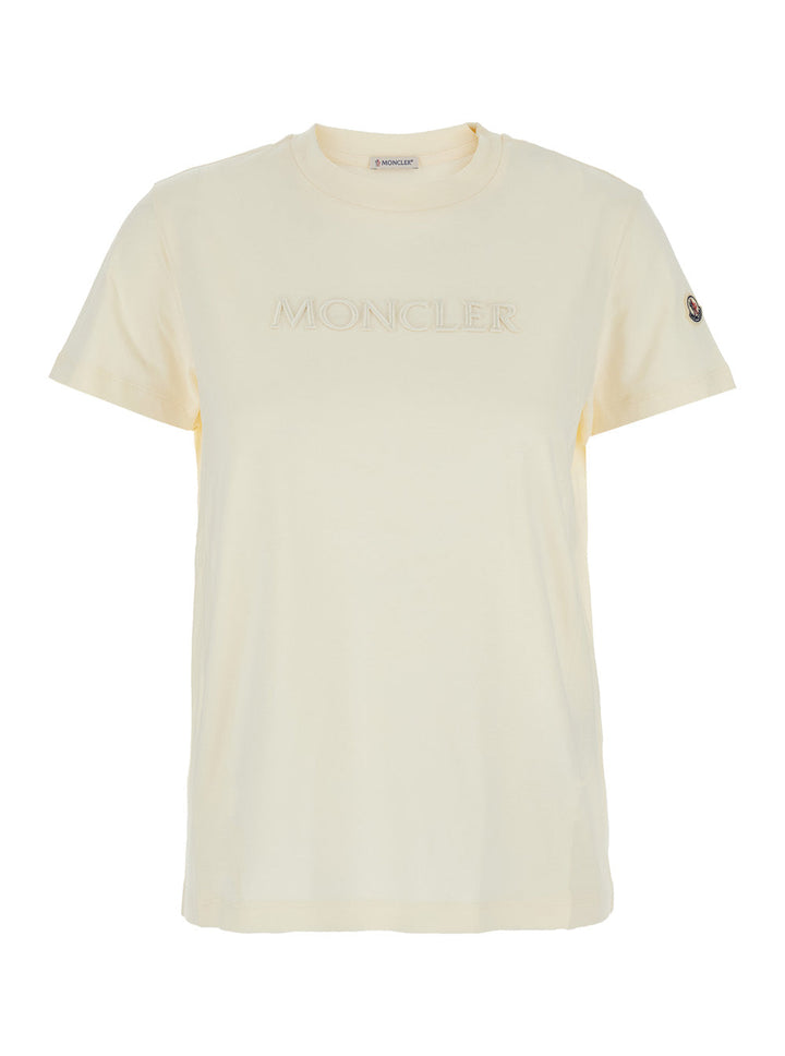 Moncler Women White Crewneck T-Shirt With Tonal Logo Lettering Embroidery On The Front And Logo Patch On The Sleeve In Cotton Woman