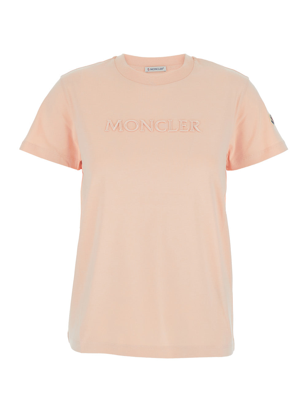 Moncler Women Pink Crewneck T-Shirt With Tonal Logo Lettering Embroidery On The Front And Logo Patch On The Sleeve In Cotton Woman
