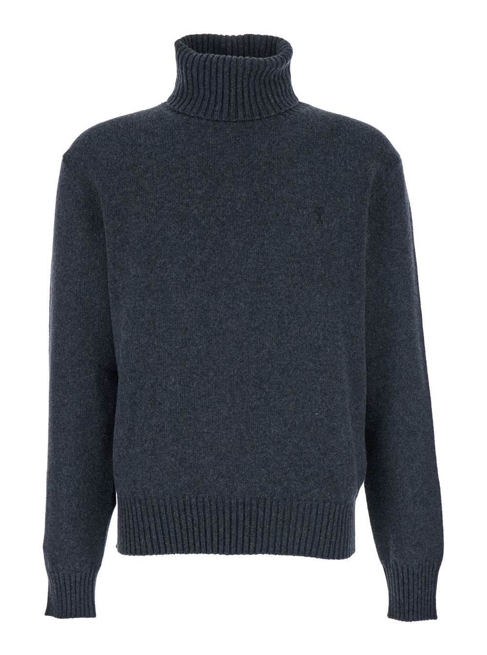 Ami Paris Men Grey Turtleneck Sweater With Ribbed Trims In Cashmere Man
