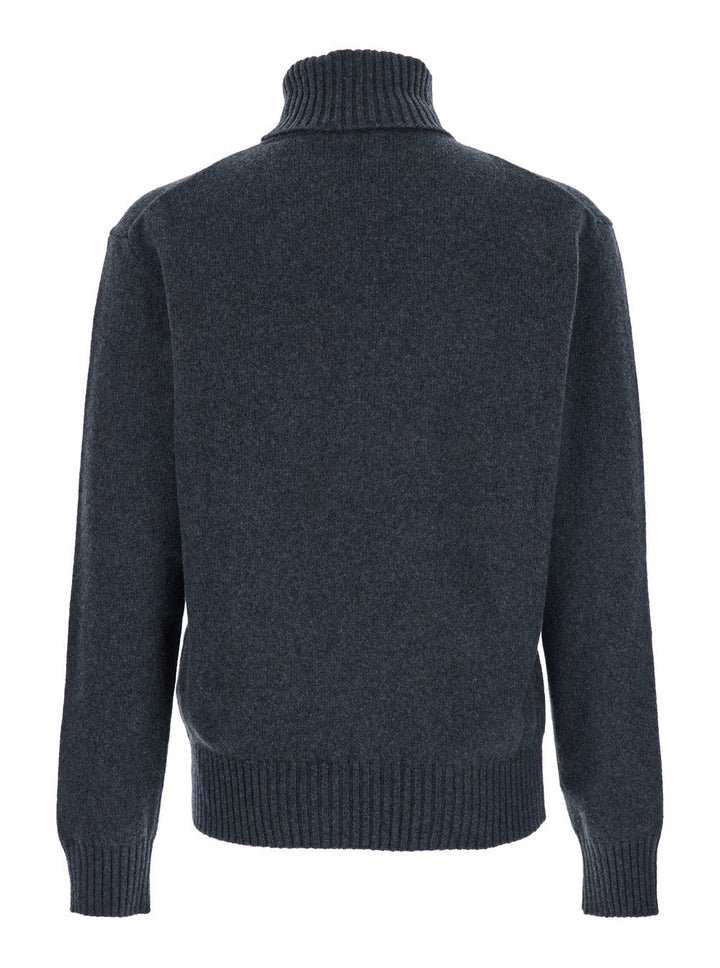 Ami Paris Men Grey Turtleneck Sweater With Ribbed Trims In Cashmere Man