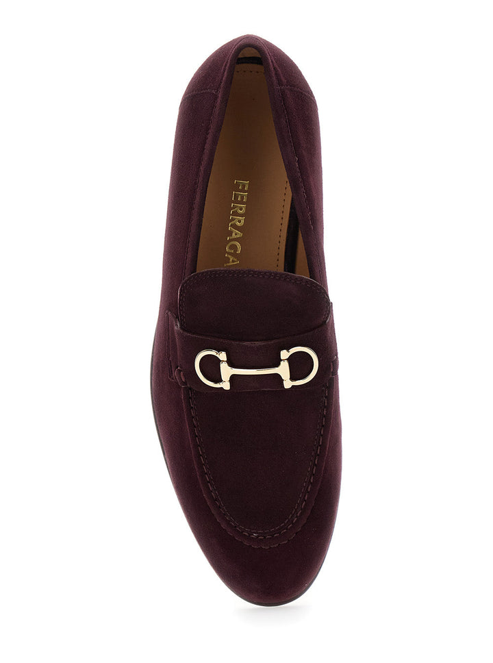 Ferragamo Women Bordeaux Loafers With Gancini Plaque On The Front And Low Heel In Suede Woman