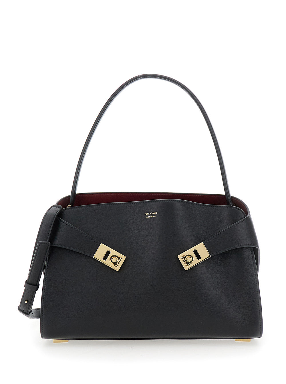 Ferragamo Women 'Hug' Black Shoulder Bag With Logo Print On The Front In Leather Woman