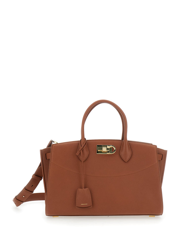 Ferragamo Women Brown Handbag With Adjustable And Removable Shoulder Strap And Gancini Turn-Lock Closure In Grained Leather Woman