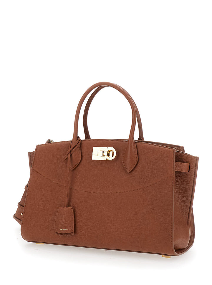 Ferragamo Women Brown Handbag With Adjustable And Removable Shoulder Strap And Gancini Turn-Lock Closure In Grained Leather Woman