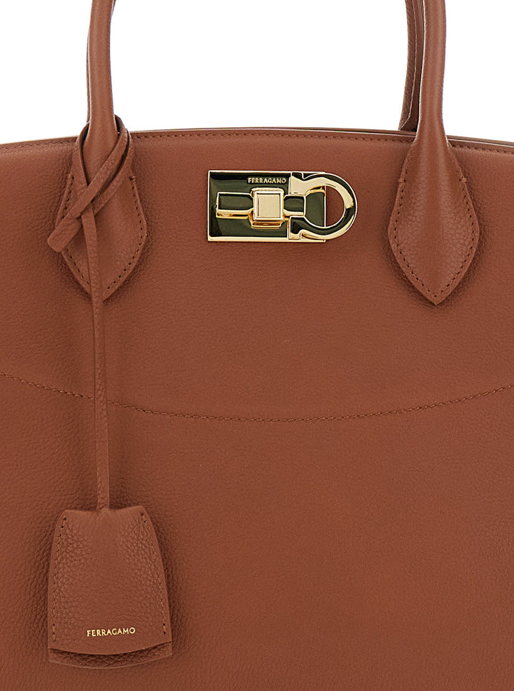 Ferragamo Women Brown Handbag With Adjustable And Removable Shoulder Strap And Gancini Turn-Lock Closure In Grained Leather Woman