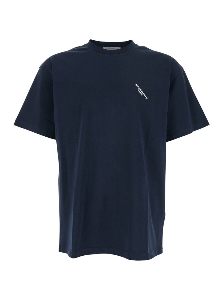 Givenchy Men Blue T-Shirt With Diagonal Embroidered Logo In Cotton Man
