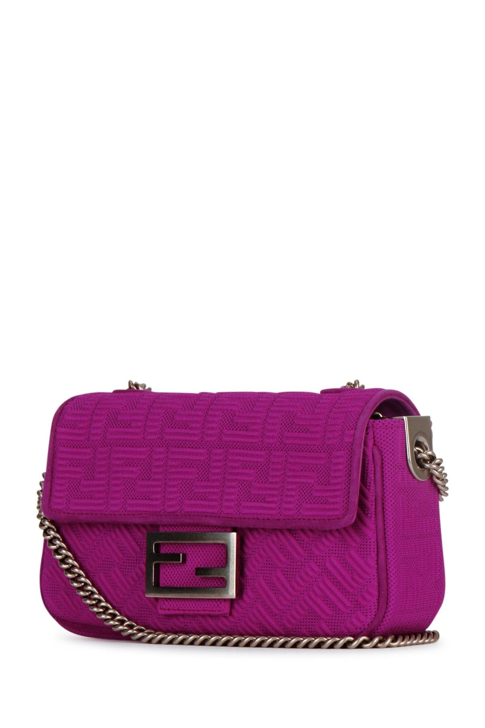 Purple handbag with a chain detail on a white background