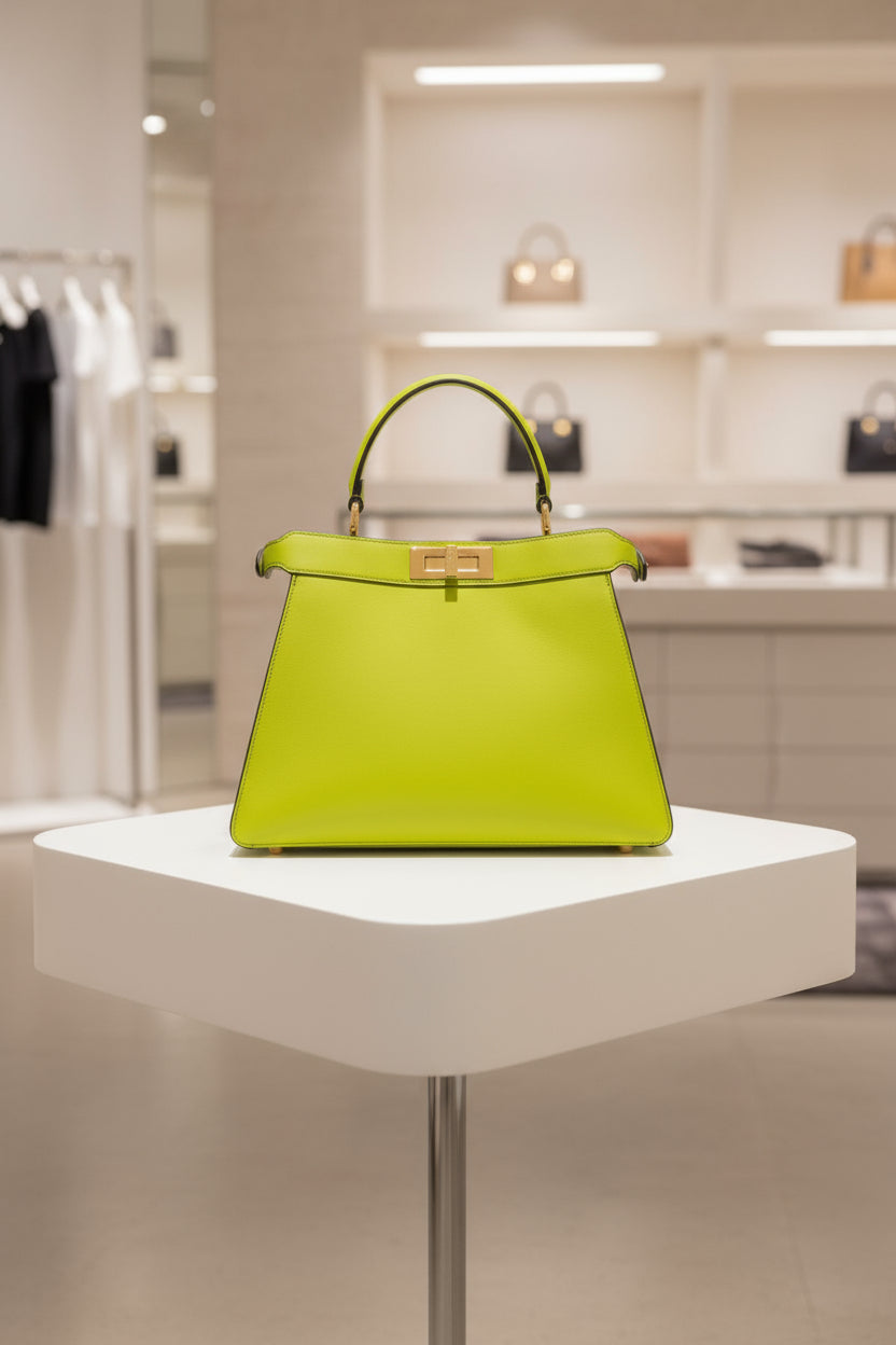 Green handbag with gold accents on a white background