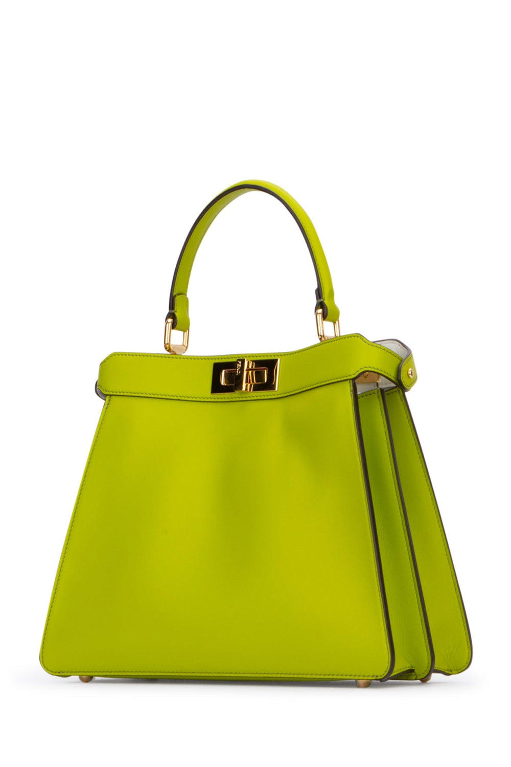 Green handbag with gold accents on a white background