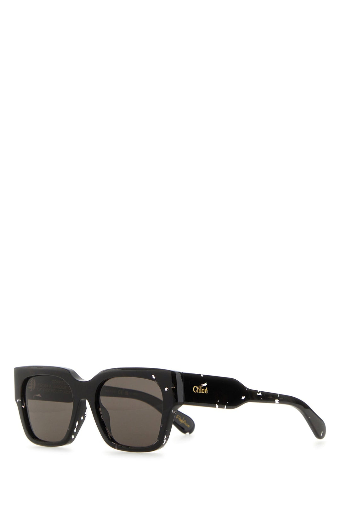 Black sunglasses with a brand logo on a white background